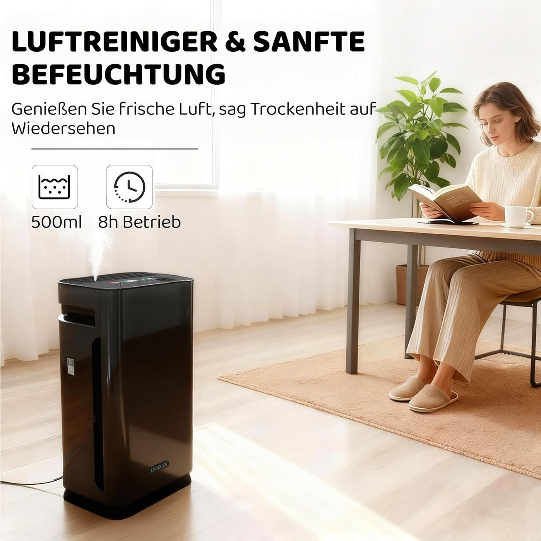 ISSELEC Luftreiniger und Luftbefeuchter 2 in 1 für Schlafzimmer, H13 HEPA Filter, Anzeige Luftqualit