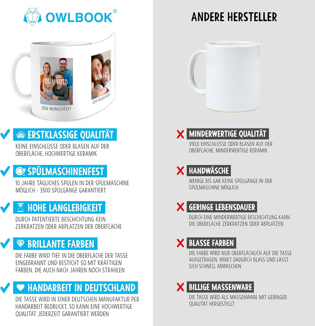 OWLBOOK® Personalisierte Tasse mit 2 Fotos & Spruch selbst gestalten | Fototasse mit eigenem Bild &