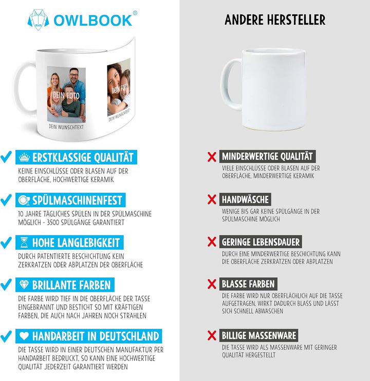 OWLBOOK® Personalisierte Tasse mit 2 Fotos & Spruch selbst gestalten | Fototasse mit eigenem Bild &