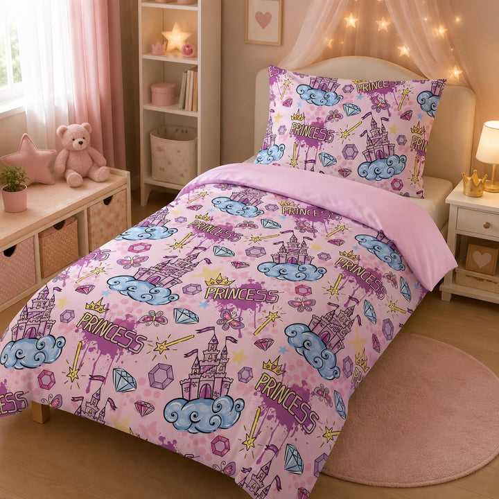 DJDEA Rosa Burg Bettwäsche 135 x 200 cm Kinder Weich Mikrofaser, Burg Motiv Bettwäsche-Sets mit Reis