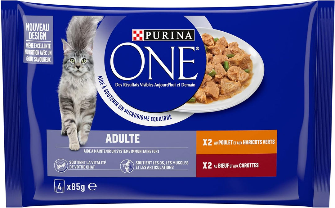 Purina One Schliff in Sauce, Mahlzeit für ausgewachsene Katzen, Hähnchen & Rind, 12 (4 x 85 g), Hähn