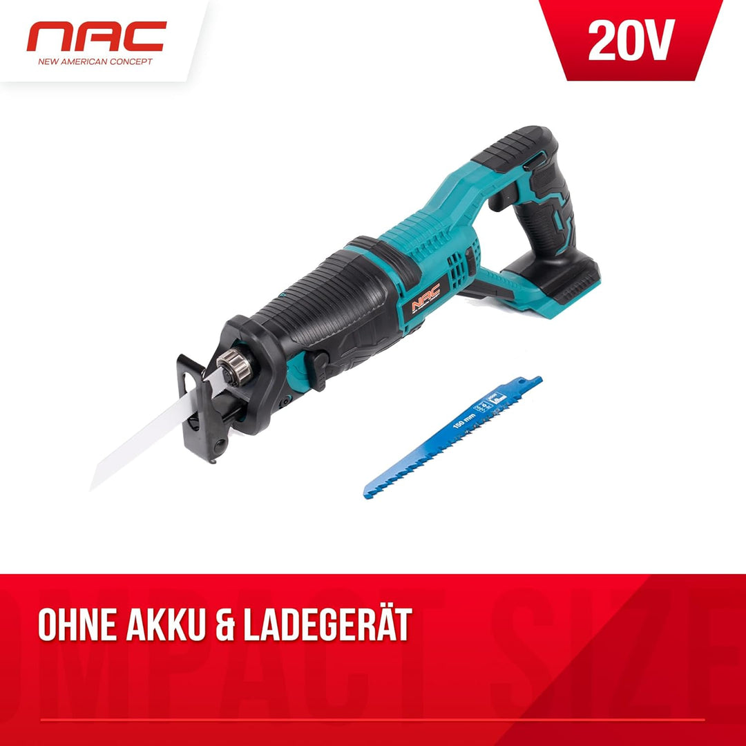 NAC Akku Säbelsäge 20V Li-Lon Akku 2.0Ah mit Ladegerät und 2x Reciprosägeblätter 20mm Nur Gerät, Nur