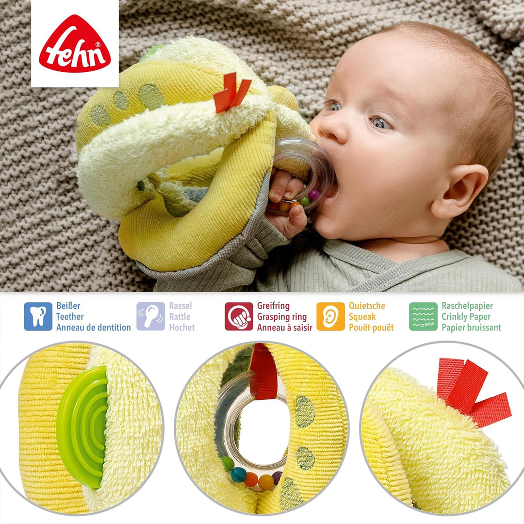Fehn Activity Greifball Happy Dino - Spielball mit Rassel, Raschelpapier & Quietsche - Ball Babyspie