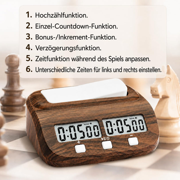 Digitale Schachuhr Timer, Professional Elektronischer Schachtimer Holz Brettspielzähler, Schach Uhr