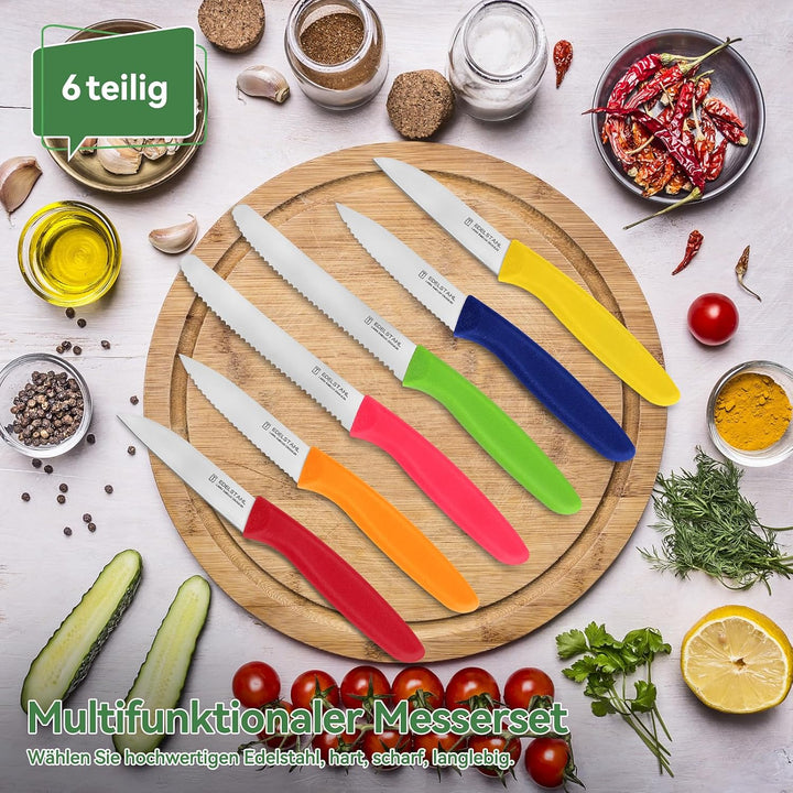Classic Gemüsemesser-Set, 6-teilig, Obstmesser, Schälmesser mit Wellenschliff, Tomatenmesser, Scharf