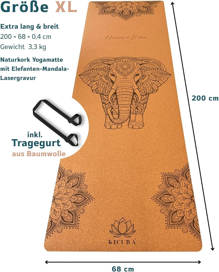 Yoga-Matte aus Kork & Naturkautschuk mit Elefanten-Mandala – rutschfeste Premium-Matte, 4 mm dick, m