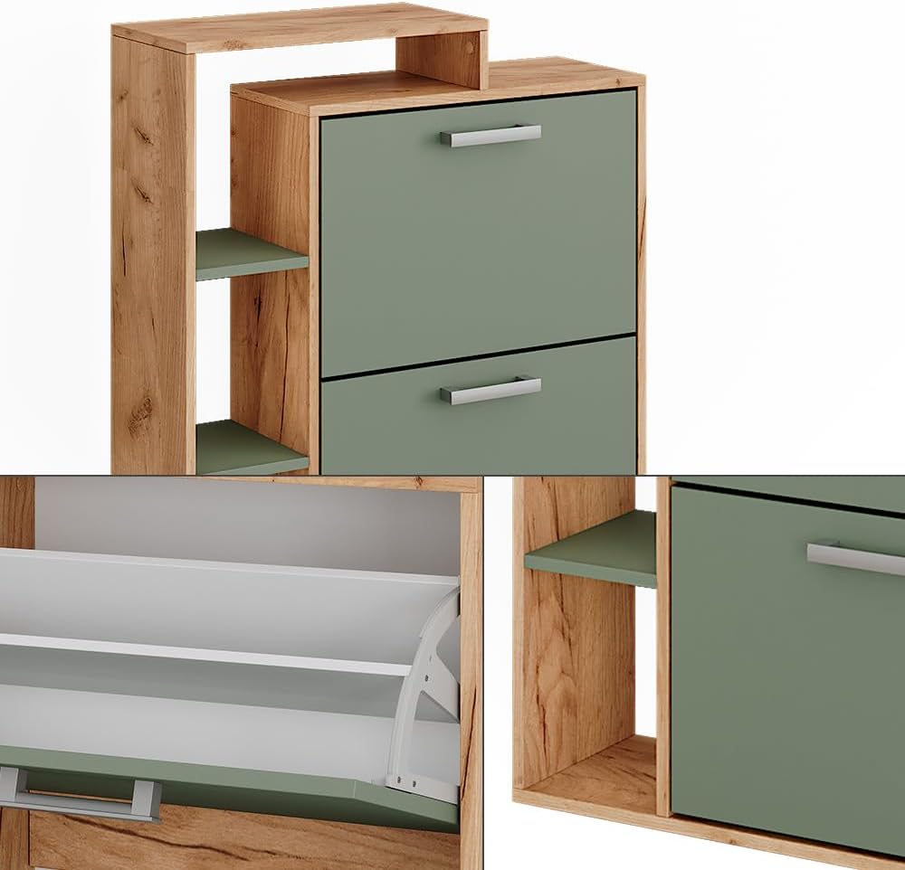Vicco Schuhkipper Orlando, Schuhregal, Goldkraft Eiche/Grün, 80 x 90 cm Goldkraft Eiche/Grün 2 Fäche