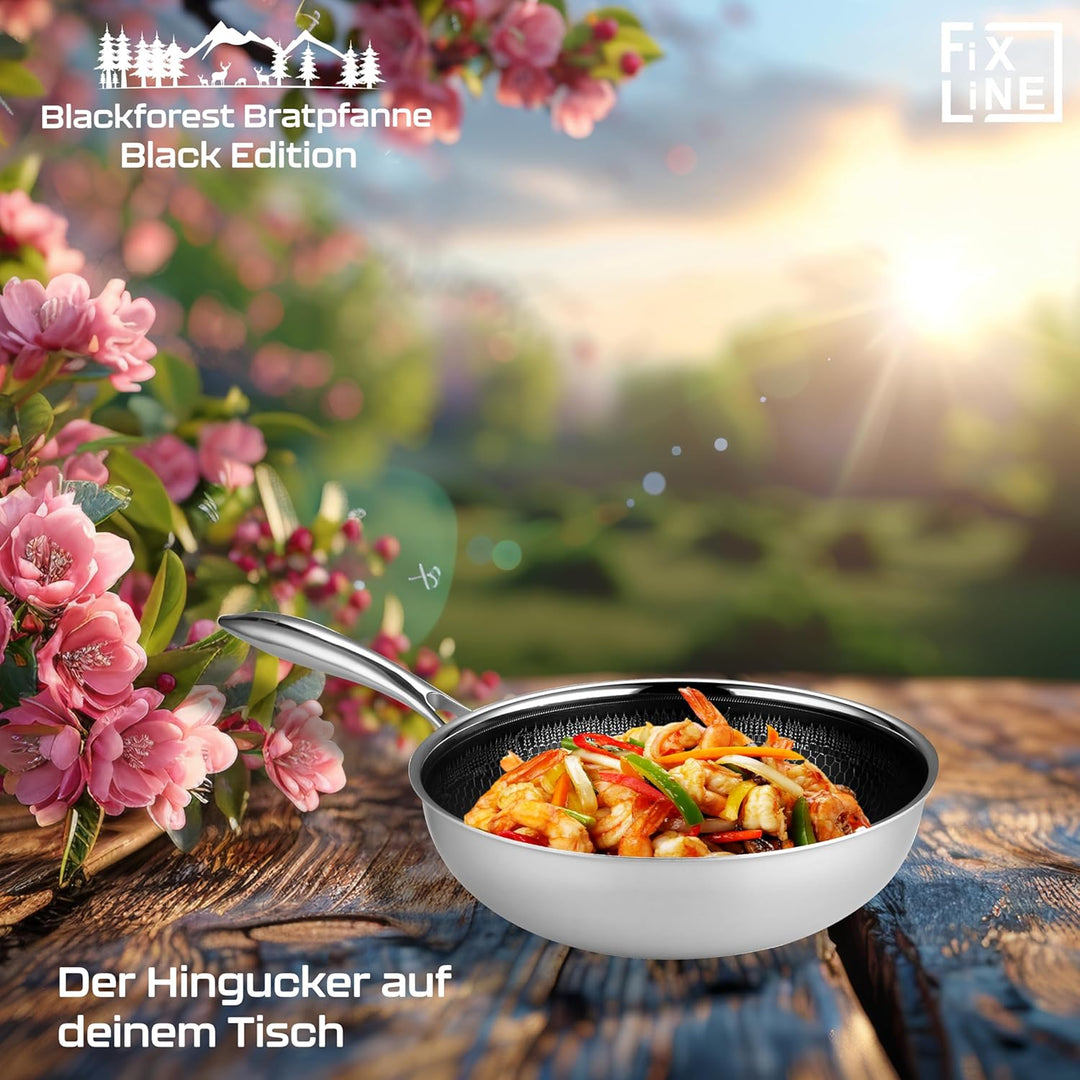 FIXLINE® Black Forest 2er Set Pfanne & Wok 28cm - Natürliche keramische Beschichtung - Alle Herdarte