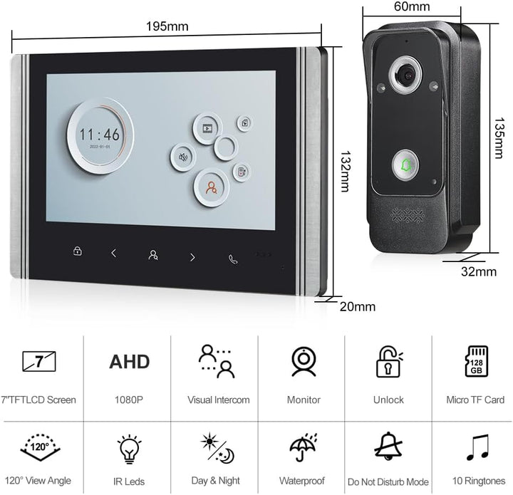 Kabelgebundene Video-Gegensprechanlage, 7-Zoll-Video-Türklingelkamera mit Monitor, Kabelgebundene Vi