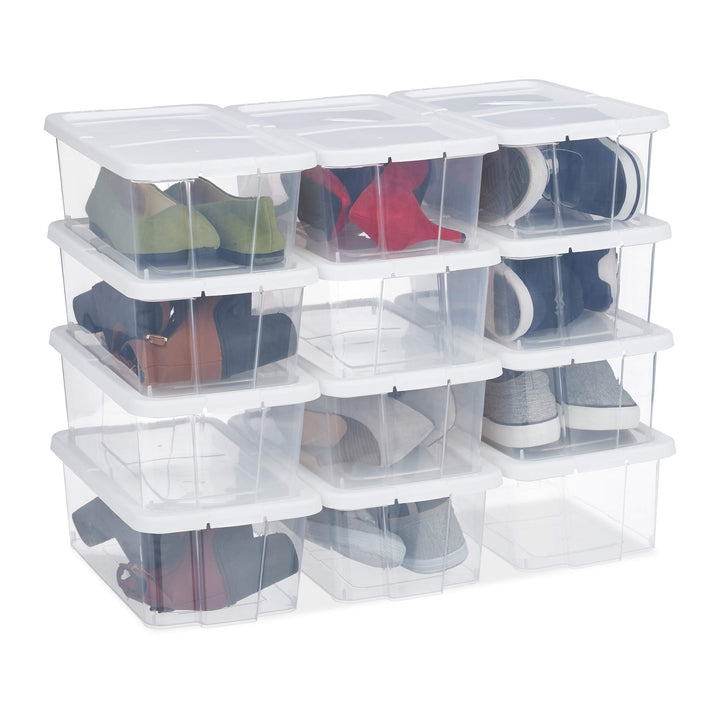 48 x Schuhbox Kunststoff, stapelbar, durchsichtige Aufbewahrungsboxen mit Deckel, HxBxT: 12,5 x20 x