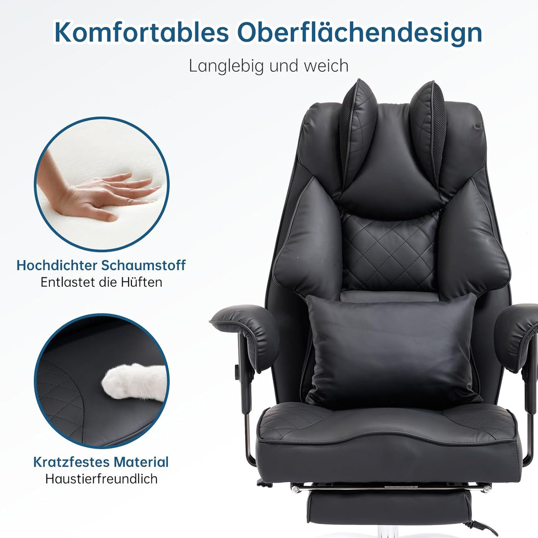 Ergonomischer Bürostuhl 200kg, Chefsessel mit Fussstütze, Schreibtischstuhl mit Lendenkissen, Bequem