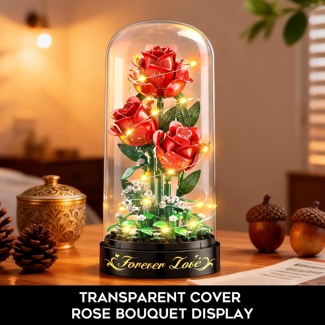 Rosen Blumenstrauss Bauset mit LED Licht – 3,6 MM Rosenstrauss mit Abdeckung Valentinstagsgeschenk f