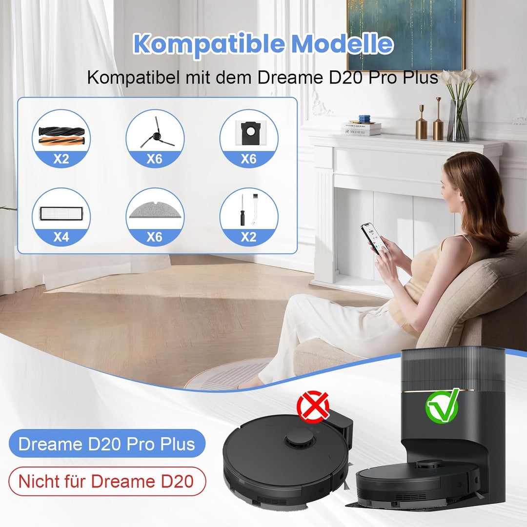 26 Stück Ersatzteile für Dreame D20 Pro Plus Zubehör, Komplettset mit 2 Hauptbürsten, 6 Seitenbürste