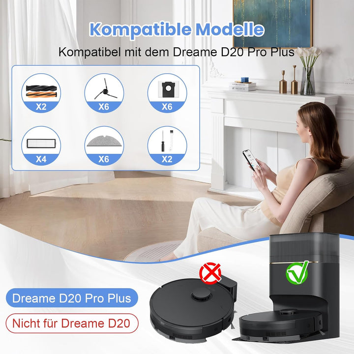 26 Stück Ersatzteile für Dreame D20 Pro Plus Zubehör, Komplettset mit 2 Hauptbürsten, 6 Seitenbürste