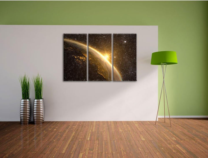 Pixxprint Die Sonne und Erde im Weltall Kunst Buntstift Effekt 3-Teiler Leinwandbild 120x80 Bild auf