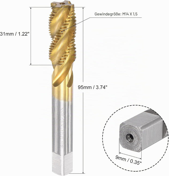 sourcing map Gewindebohrer mit Spiralnut M14 x 1.5 Schnellarbeitsstahl Titanbeschichteter Maschineng