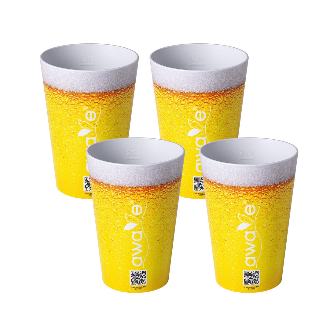 AWAVE Trinkbecher Set 4-teilig aus rPET, 500 ml, mit Eichstrich, Stapelbar, Mehrweg Wiederverwendbar