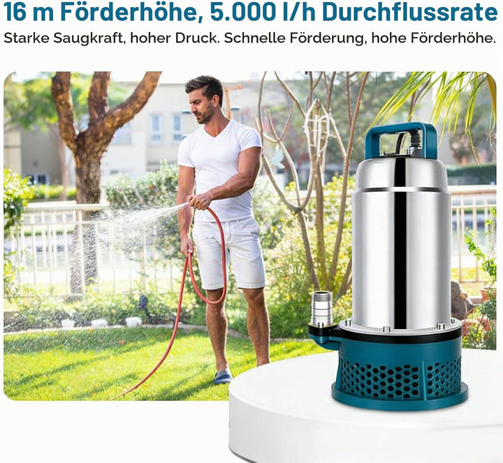 Tauchpumpe kompatibel mit Makita 18V Akku, Kabellose Wasserpumpe mit 5m Verbindungskabel, Förderhöhe