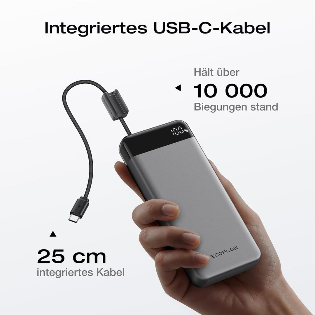 EcoFlow Rapid Powerbank 20000mAh, 45W PPS Schnellladen, mit integriertem ausziehbarem USB-C Kabel fü