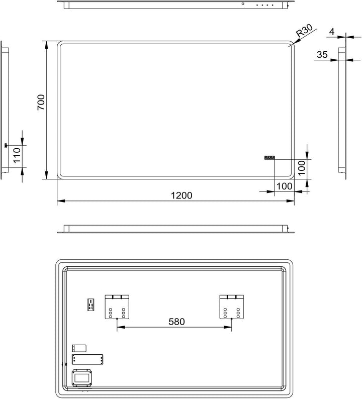 Talos LED Badspiegel, Sun 120 x 70 cm - Lichtumrahmung -Lichtfarbe 4200K - Digitaluhr - Modernes