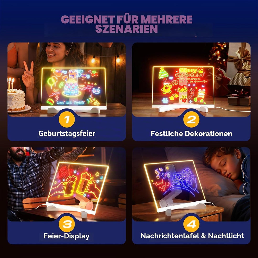 LED-Zeichenbrett mit 7 Farbstiften, 30 x 20 cm, beleuchtetes Memoboard, trocken abwischbares Acryl-K