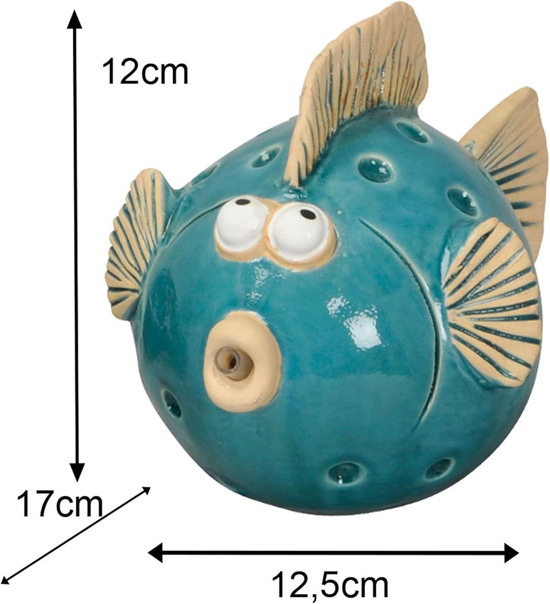 Storm's Gartenzaubereien Wasserspeier Fisch mit Solarpumpe blau aus Keramik für Miniteich oder Weinf