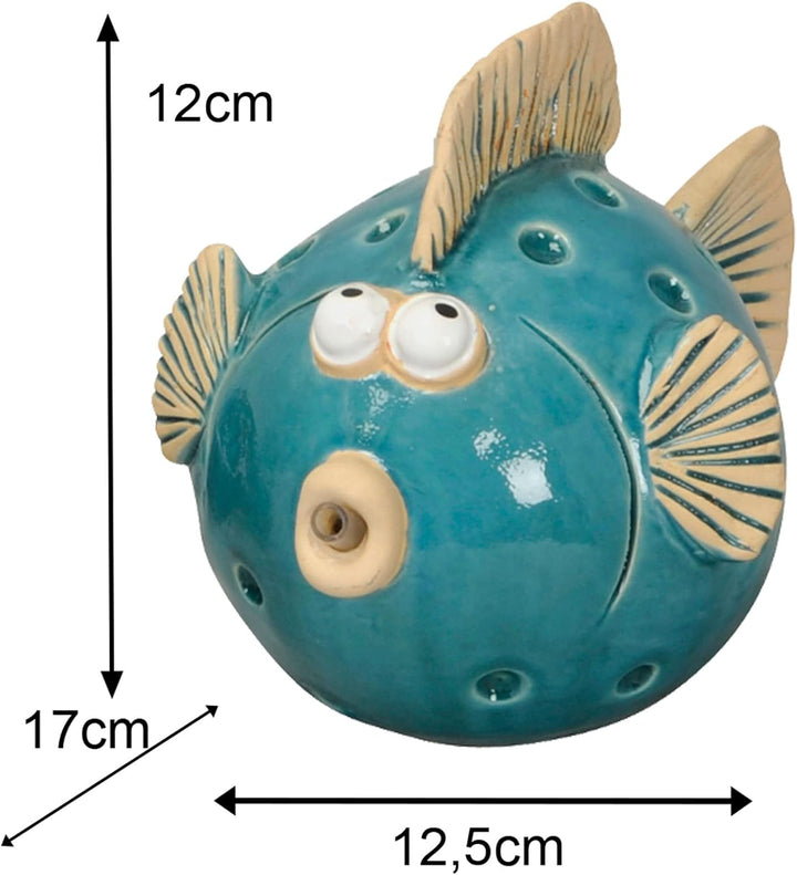 Storm's Gartenzaubereien Wasserspeier Fisch mit Solarpumpe blau aus Keramik für Miniteich oder Weinf