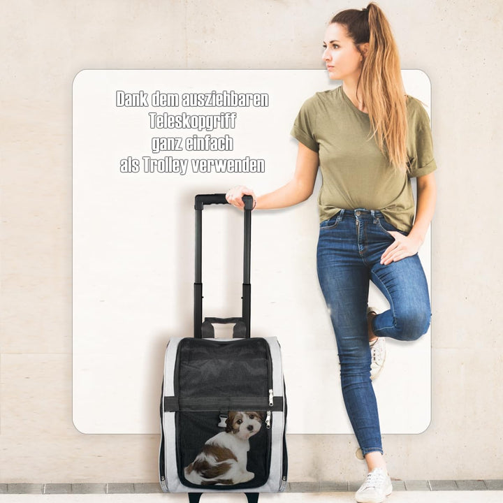 2IN1 Transporttasche mit Rollen bis 15kg Rucksack Trolley Hund Katze Hunderucksack Tasche (Melange-G