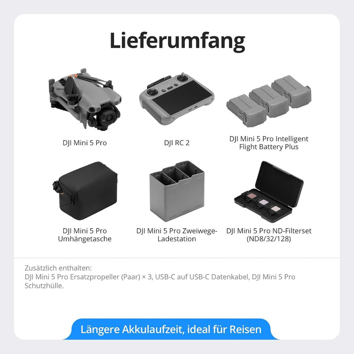 DJI Mini 5 Pro Fly More Combo Plus mit DJI RC 2 Bundle mit Kartenleser + Speicherkarte, 4K Drohne mi