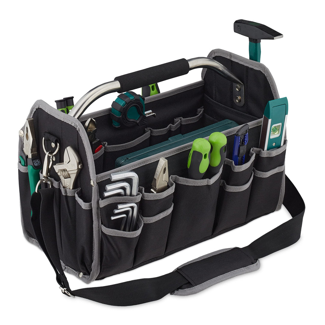 Relaxdays Werkzeugtasche, leer, Schultergurt & Tragegriff, offene Tragetasche für Werkzeug, HBT 30 x