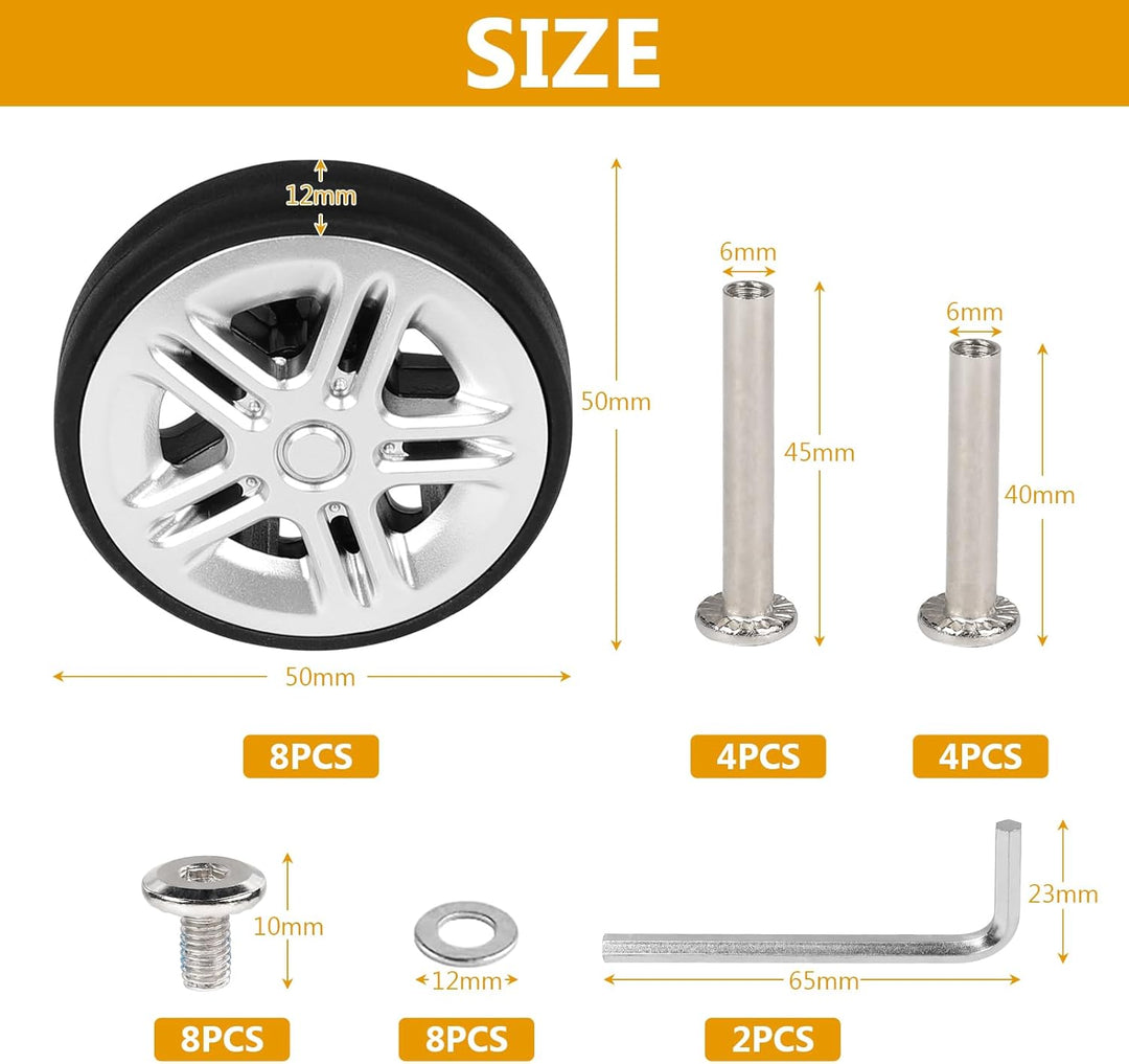 EXLECO 8 pcs Koffer Ersatzrollen 50mm x 12mm, Kofferrollen Ersatzrollen für Gepäck mit Doppelrollen,