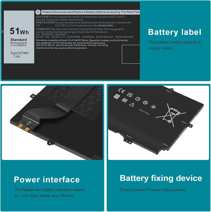ARyee 52TWH Akku Kompatibel mit Dell XPS 13 7390 2-in-1 P103G P103G001 P103G002 Serie Notebook, Ersa