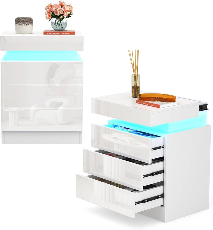 Lvhcmfohm Nachttisch Weiss 2er Set, Nachtschrank mit Led Licht, Nachtkommode mit 3 Schubladen und Sc
