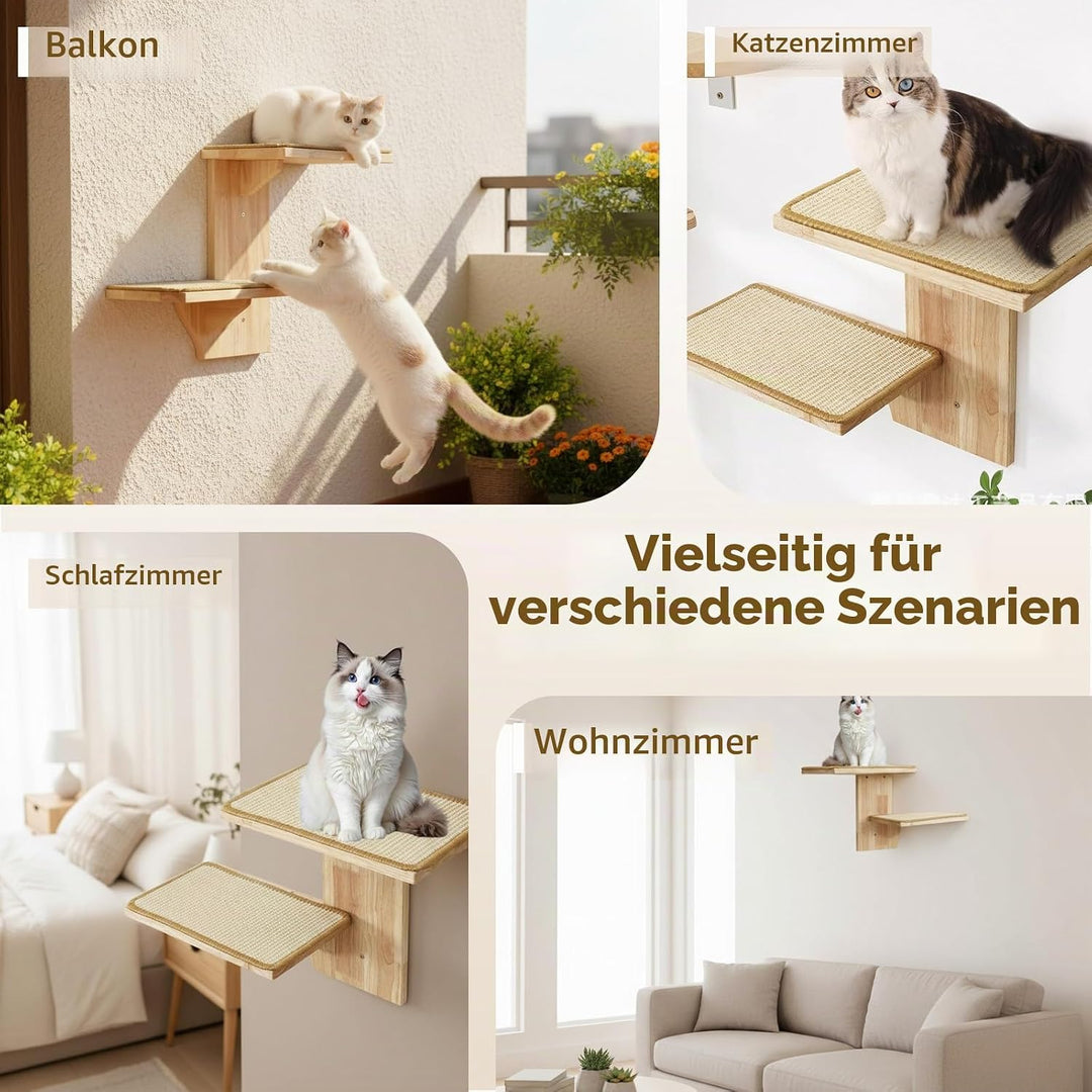 Kletterwand Katze, Katzen Wandelemente, Katzentreppe Wand mit 2 Plattformen und Sisalmatten, Kratzba