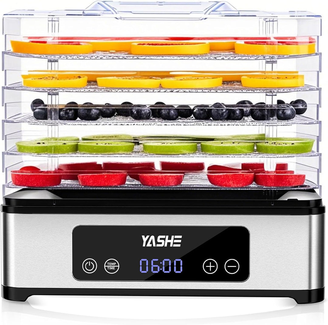 YASHE Dörrautomat mit Edelstahlgitter, 5-lagiger Dörrgerät, 400W Dehydrator mit Timer für Fleisch, O