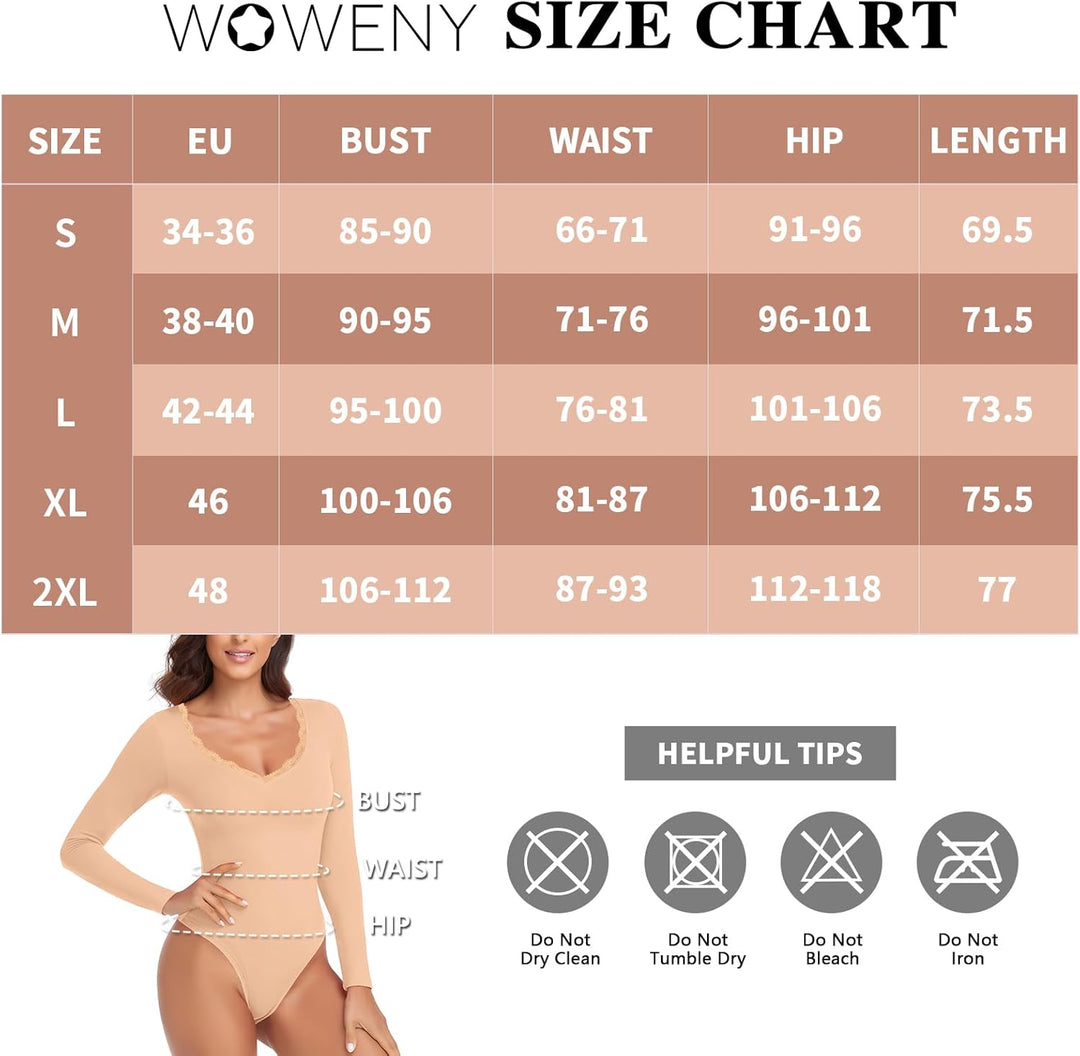 WOWENY Thermo Body Damen Langarm Elegant Langarmbody mit Spitze V-ausschnitt Fleece Bodysuit Warm Be