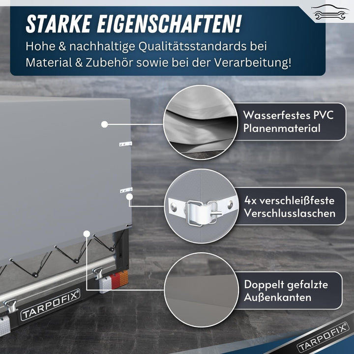 Tarpofix® Anhängerplane 208x114x90 cm inkl. Planenseil | Anhänger Plane Hochplane aus PVC PLANENMATE