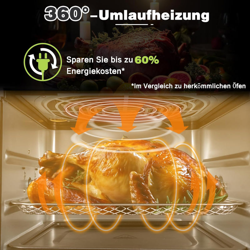 LLIVEKIT Heissluftfritteuse Heissluft-Backofen 12L, Mini-Backofen 1800W mit 6 Zubehör & Rezeptbuch,