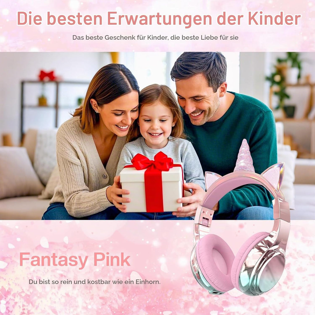 JYPS Bluetooth Kopfhörer Kinder, Metallisch Kabellose Kopfhörer Kinder rosa Einhorn, rosa Einhorn