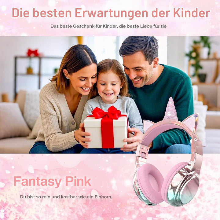 JYPS Bluetooth Kopfhörer Kinder, Metallisch Kabellose Kopfhörer Kinder rosa Einhorn, rosa Einhorn