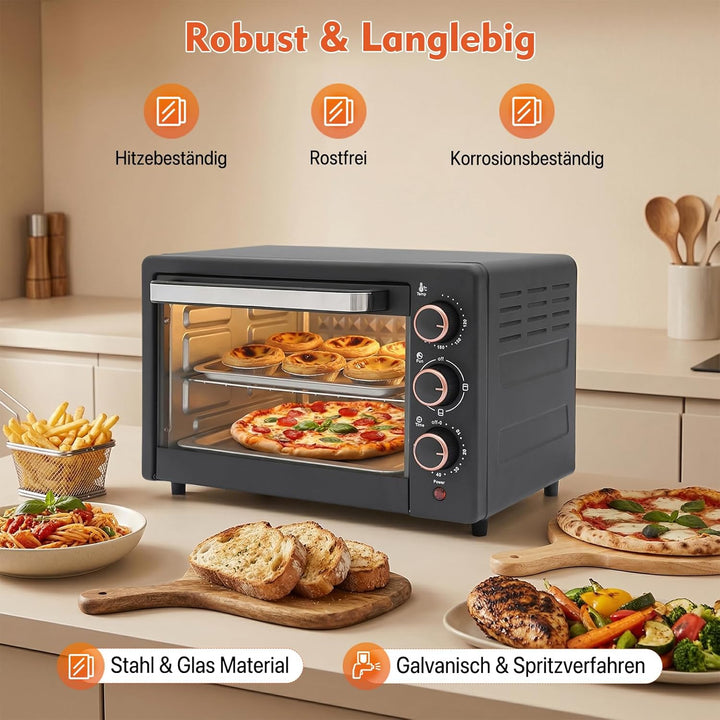 1000W Minibackofen 22L Kompakter Mini Backofen mit Grillpfanne &amp; Grillrost, 4 Heizrohre, Miniofen fü