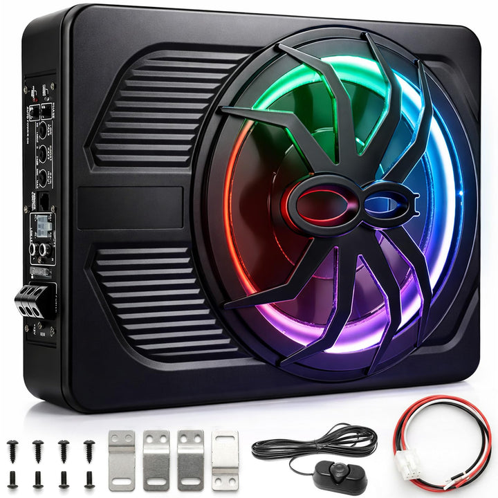 Aktiv Subwoofer für Auto, 800W Ultradünner 10 Zoll Subwoofer mit integriertem Verstärker, Tiefpassfi