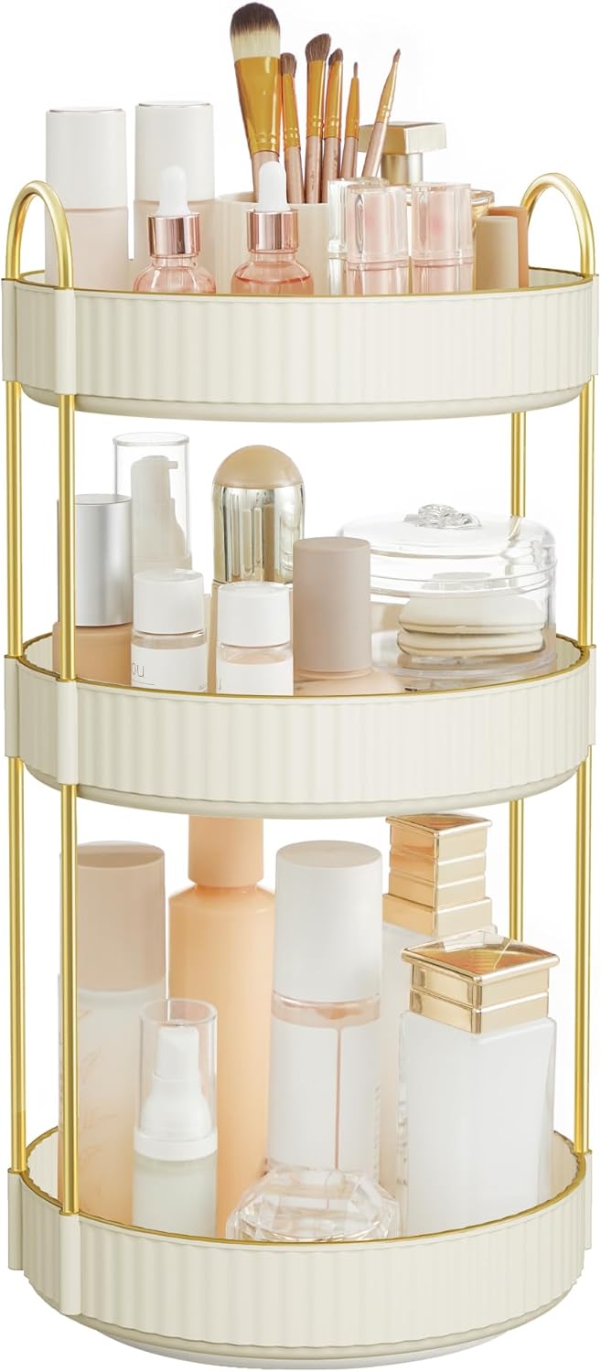 SONGMICS Make-up Organizer drehbar, Kosmetik-Organizer rund, 3 Ebenen, Kosmetik Aufbewahrung, anpass