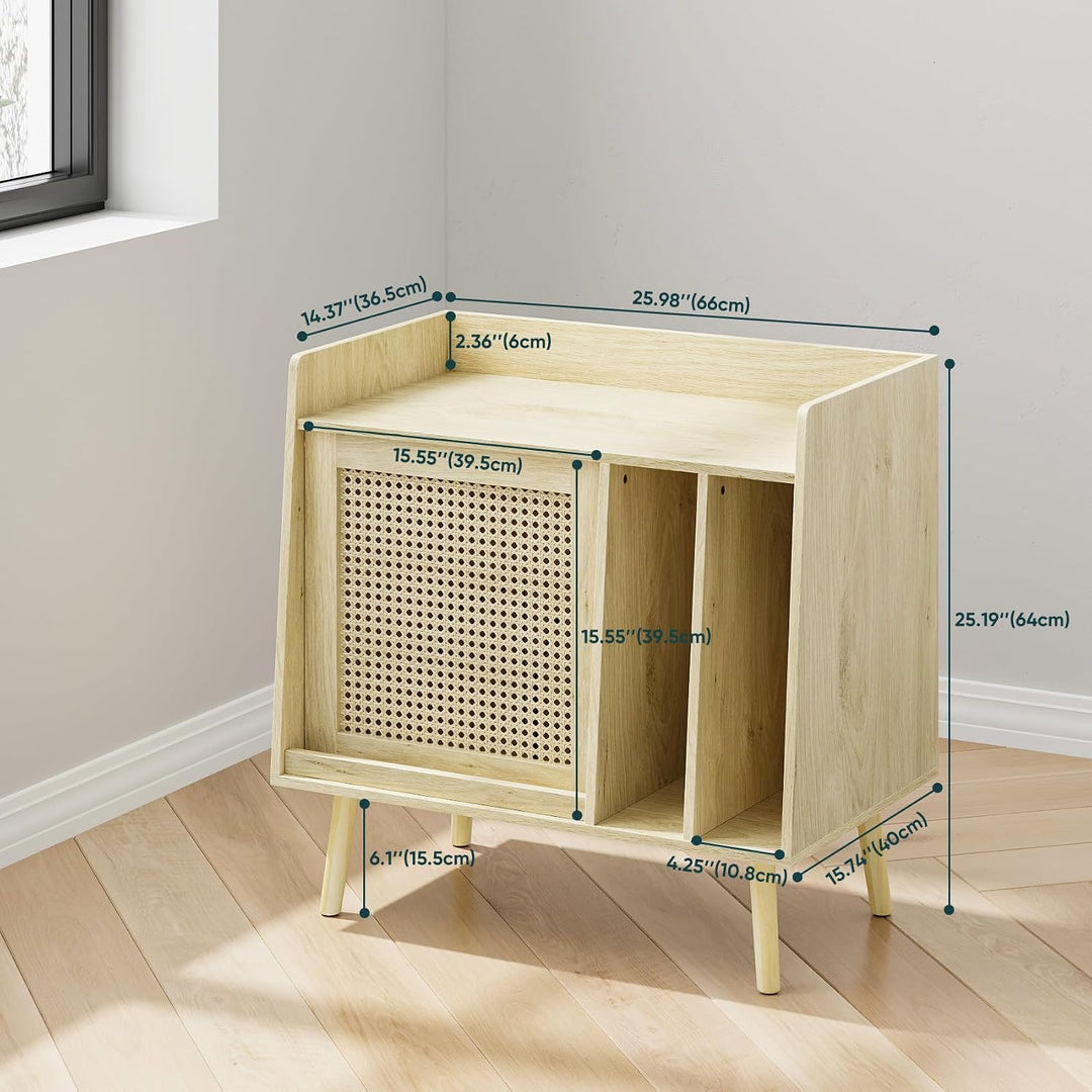 Kiasthome Schallplattenschrank Hellholz mit Rattan, Niedriger Vinyl Schrank mit 2 Vinyl-Fächern &amp; Ra