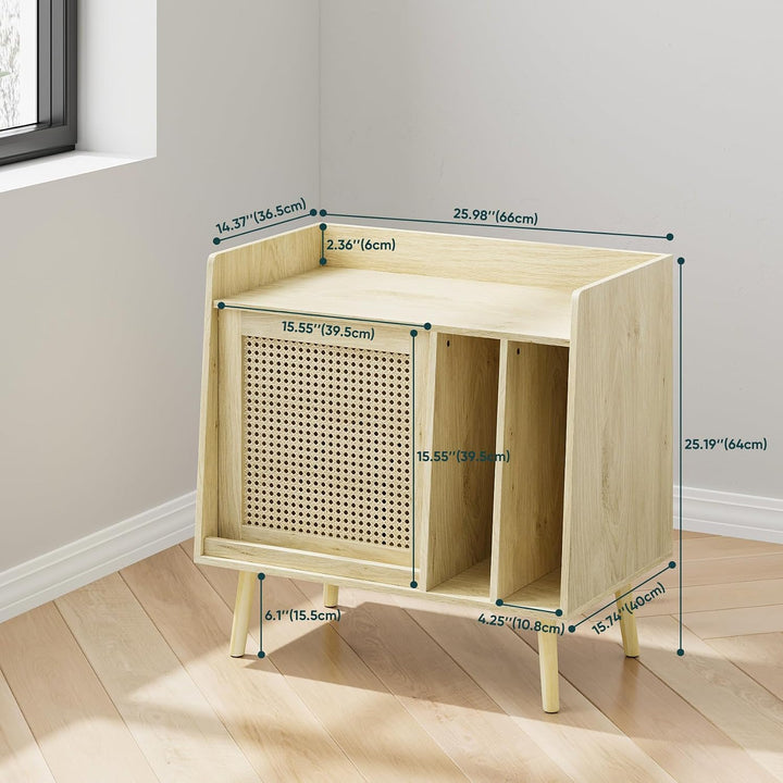Kiasthome Schallplattenschrank Hellholz mit Rattan, Niedriger Vinyl Schrank mit 2 Vinyl-Fächern &amp; Ra
