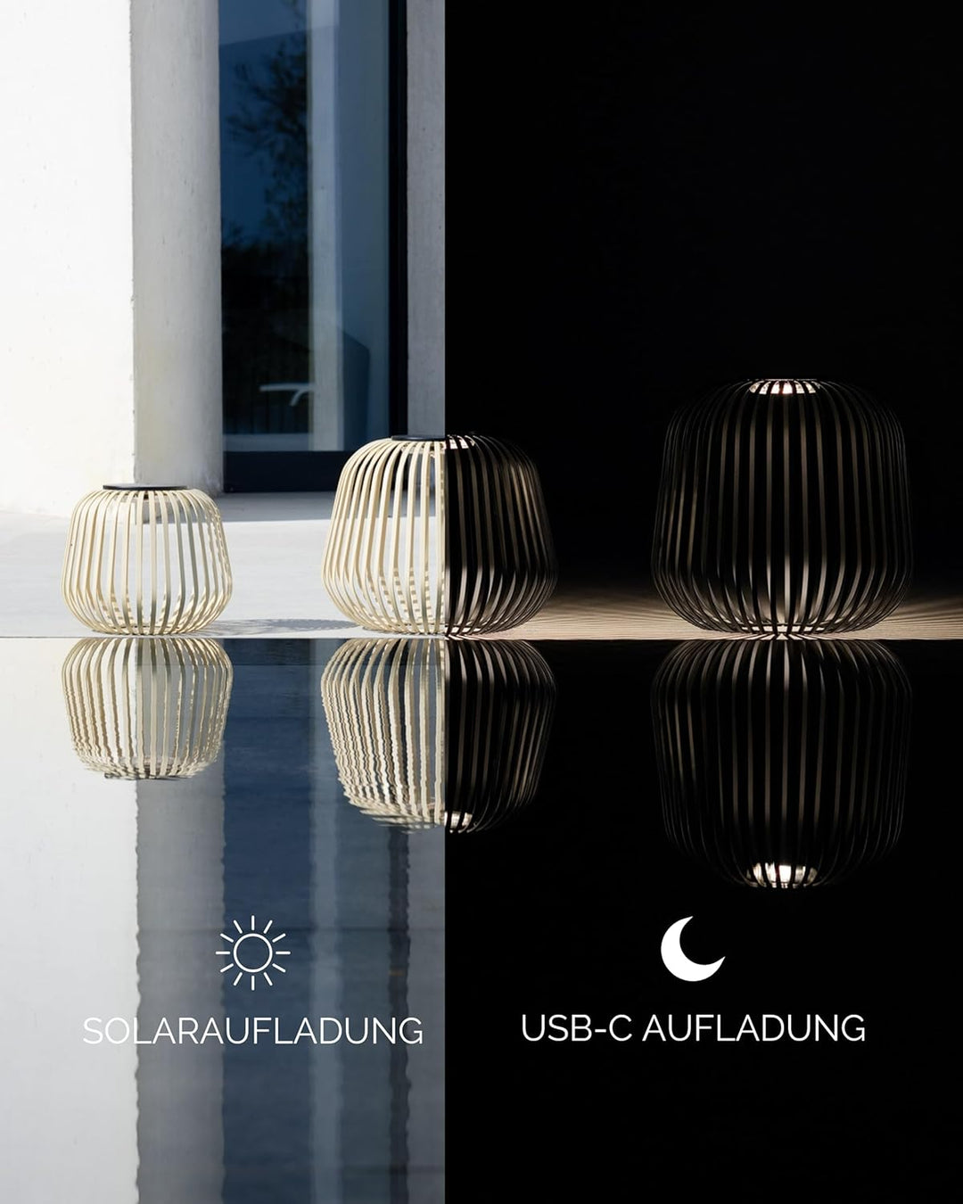 LUUK Studio Mobile Outdoor LED Solarleuchte, wetterfeste Terrassenbeleuchtung &amp; Windlicht, Akku wied
