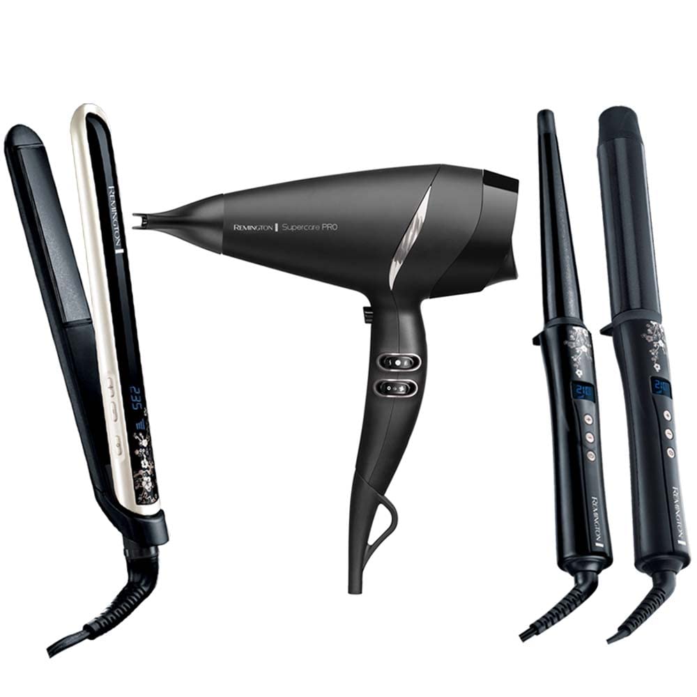 Remington Haarstyling Set Pearl: Haartrockner + Glätteisen + Lockenstab 32mm + Lockenstab kegelförmi
