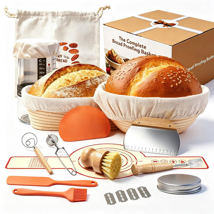 Sauerteig Starter Set mit 2 Gärkörbchen Natürlichem Rattan (25cm Ovale & 23cm Runde) 900ml Glasgefäs