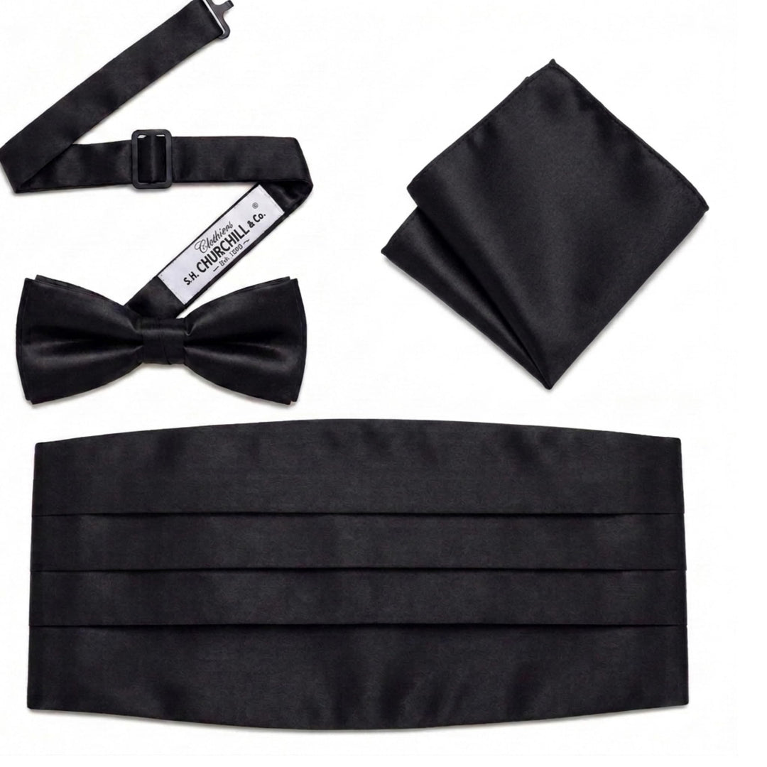 Herren-Set aus Satin mit Fliege und Kummerbund Schwarz, Schwarz