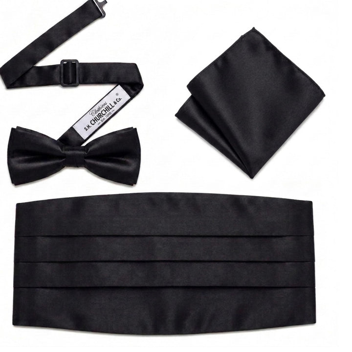 Herren-Set aus Satin mit Fliege und Kummerbund Schwarz, Schwarz